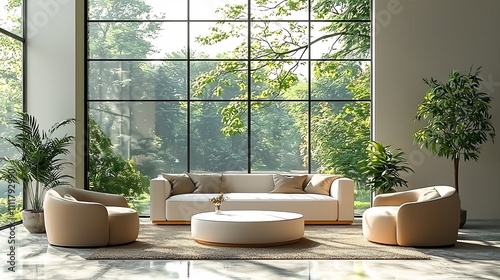 Cozy and Serene Modern Living Room with Lush Greenery and Abundant Sunlight Shining Through Large Windows