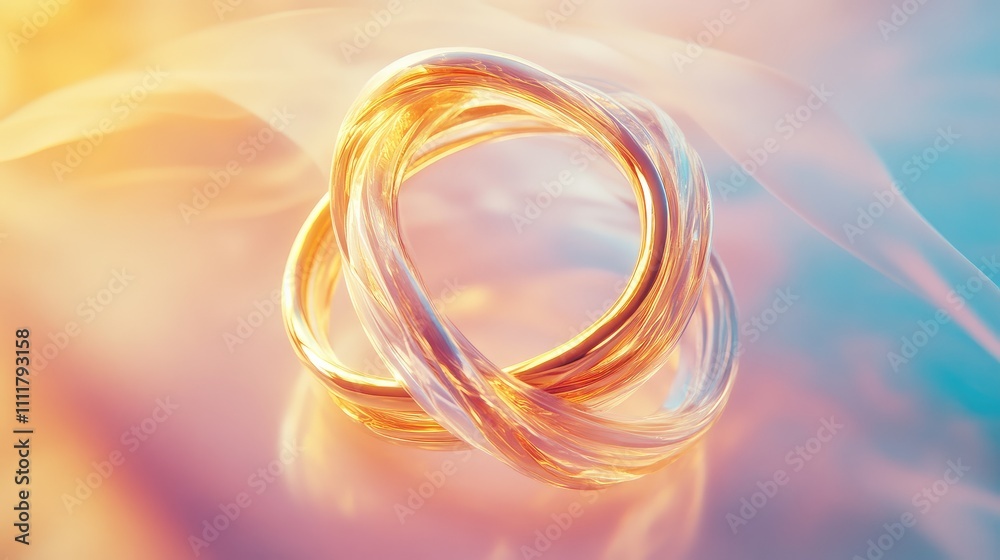 Close-up of intertwined gold wedding rings on a soft, pastel background with a warm, glowing effect. Close-up of intertwined gold wedding rings on a soft, pastel background with a warm, glowing effect.