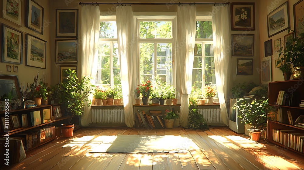 Cozy Sunlit Interior with Bookshelves and Potted Plants Inviting Relaxation and Cozy Sunlit Interior with Bookshelves and Potted Plants Inviting Relaxation and