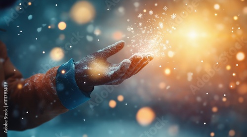 New Year background: hand catches falling snowflakes, festive atmosphere with particles around