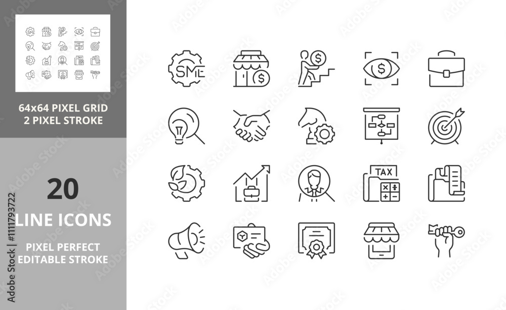 Line icons about SME concept, small and medium sized enterprises. Editable vector stroke. 64 and 256 Pixel Perfect scalable to 128px... Line icons about SME concept, small and medium sized enterprises. Editable vector stroke. 64 and 256 Pixel Perfect scalable to 128px...