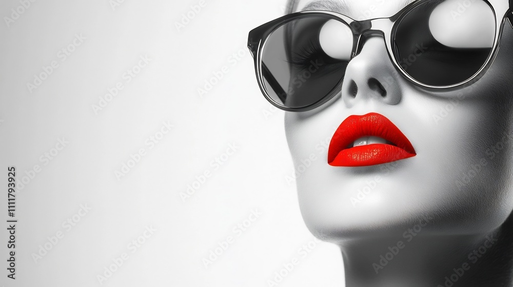 Striking Monochrome Portrait of a Glamorous Woman Wearing Sunglasses and Bold Red Lipstick Striking Monochrome Portrait of a Glamorous Woman Wearing Sunglasses and Bold Red Lipstick