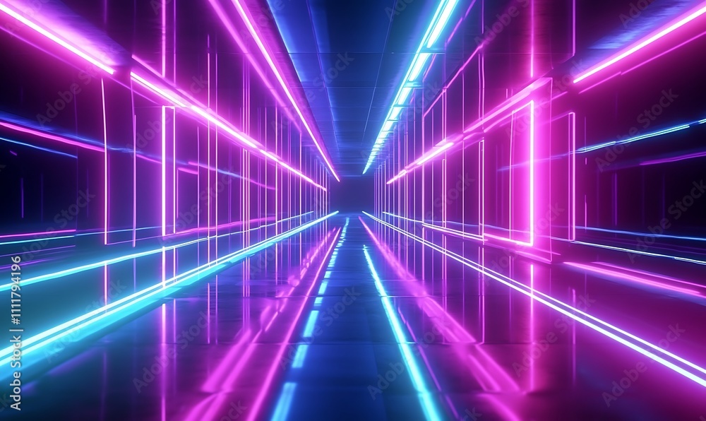 Abstract neon lights into digital technology tunnel. Futuristic technology abstract background with lines for network, big data, data center, server, internet, speed. Nice 3D rendering, Generative Ai