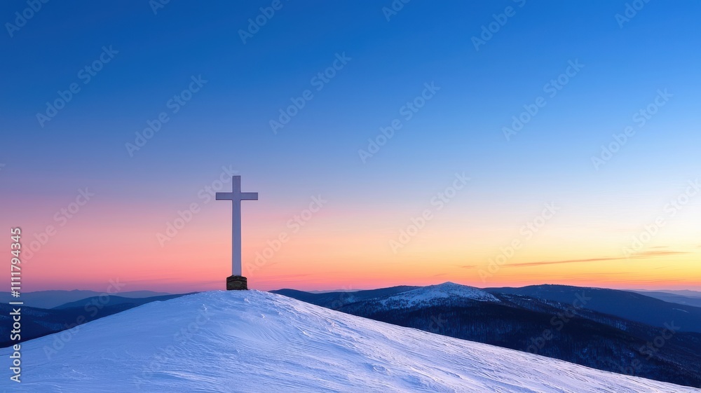 A serene snowy landscape at sunset, featuring a solitary cross atop a hill, symbolizing peace and reflection. A serene snowy landscape at sunset, featuring a solitary cross atop a hill, symbolizing peace and reflection.