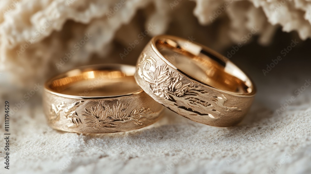 Gold wedding rings with delicate engravings on a light, textured surface for a warm ambiance. Gold wedding rings with delicate engravings on a light, textured surface for a warm ambiance.