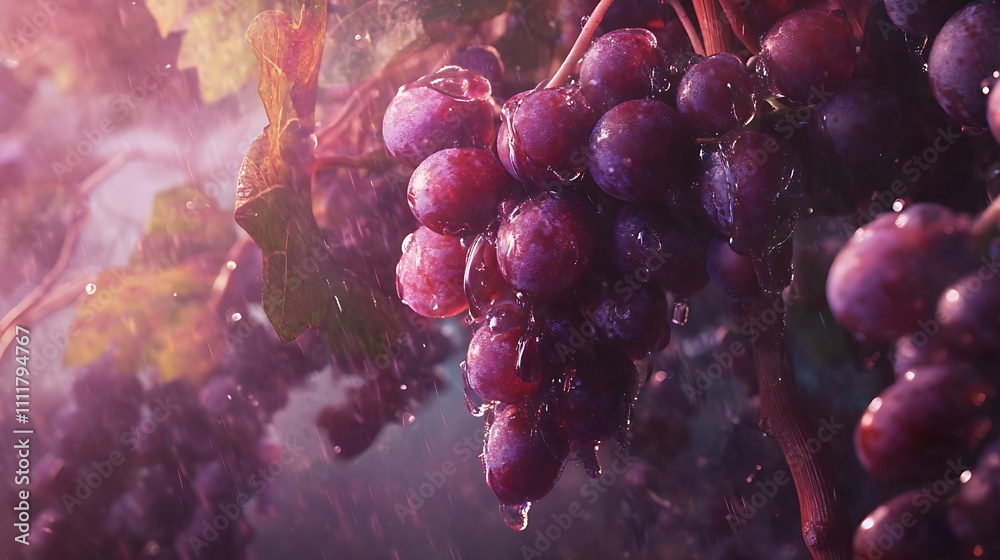 Rain Washes Over Ripe Red Grapes On The Vine Rain Washes Over Ripe Red Grapes On The Vine