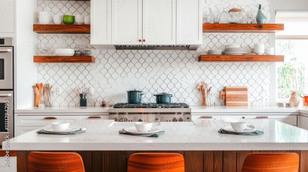 Modern kitchen with open shelves, marble island, and cooking utensils. Modern kitchen with open shelves, marble island, and cooking utensils.