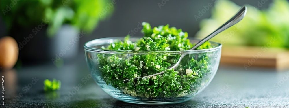 Minimalist Kale and Quinoa Salad, vibrant greens and grains in a clear bowl, garnished with a fork, perfect for healthy eating. Minimalist Kale and Quinoa Salad, vibrant greens and grains in a clear bowl, garnished with a fork, perfect for healthy eating.