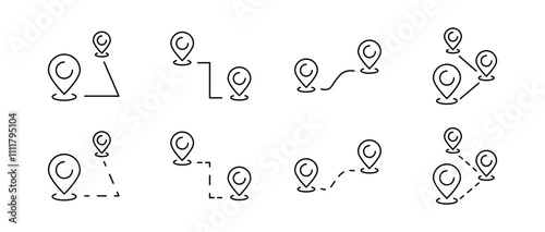 Map point route set icons. Linear style. Vector icons.