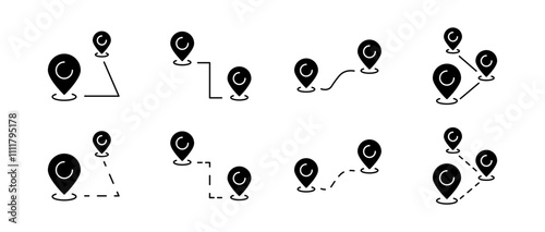 Map point route set icons. Silhouette style. Vector icons.