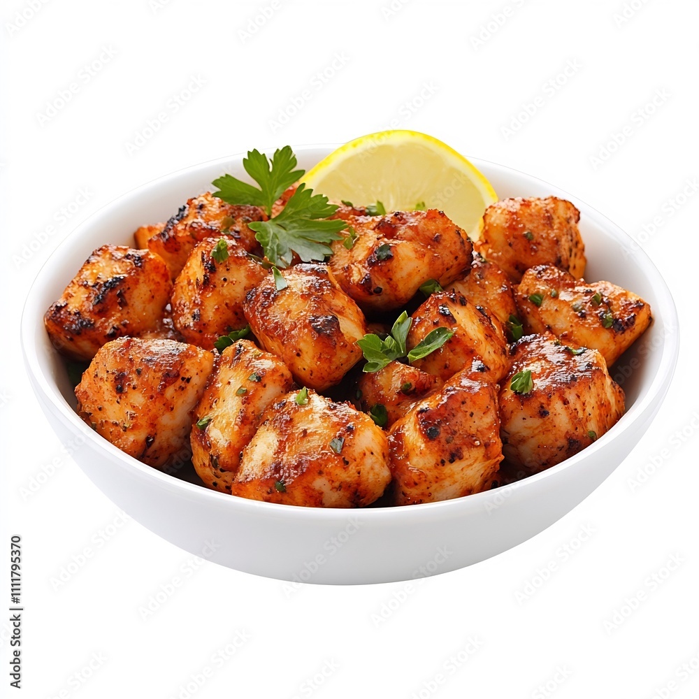 Macro Shot of Salpico de Frango Brazilian Chicken Salad Dish on White Background Macro Shot of Salpico de Frango Brazilian Chicken Salad Dish on White Background