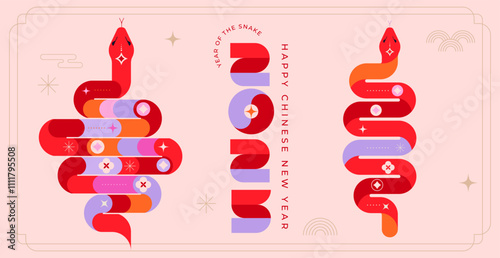 Chinese new year 2025 year of the Snake. Red Snake illustrations, vertical design, cards, banners. Traditional Chinese vector designs with snakes. Lunar new year concept, geometric modern design