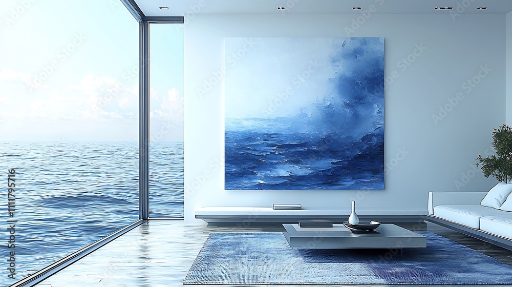 Fototapeta premium Breathtaking Ocean View from Minimalist Living Room with Contemporary Art