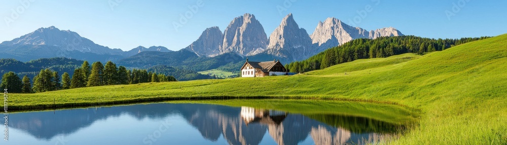 A stunning landscape featuring a tranquil lake, lush green fields, and majestic mountains under a clear blue sky. A stunning landscape featuring a tranquil lake, lush green fields, and majestic mountains under a clear blue sky.