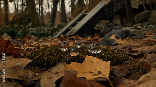 Raindrop remnants evaporating from moss, woodland textures softened, selective focus on foreground, copy space for text, ultra HD  photo