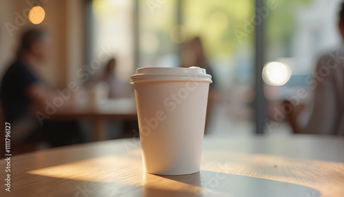 Disposable coffee cup on wooden table, mockup cup