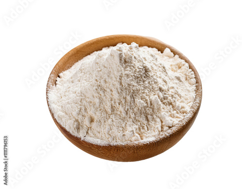 Wooden bowl overflowing with fresh white flour on transparent background
