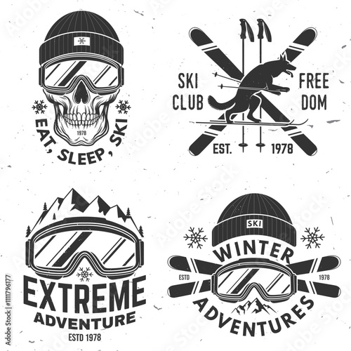 Set of ski winter sport retro badge. Vector. Concept for shirt, print, seal or stamp with ski glasses, skull skeleton in winter sport hat, wolf. Family vacation, activity or travel. For logo design