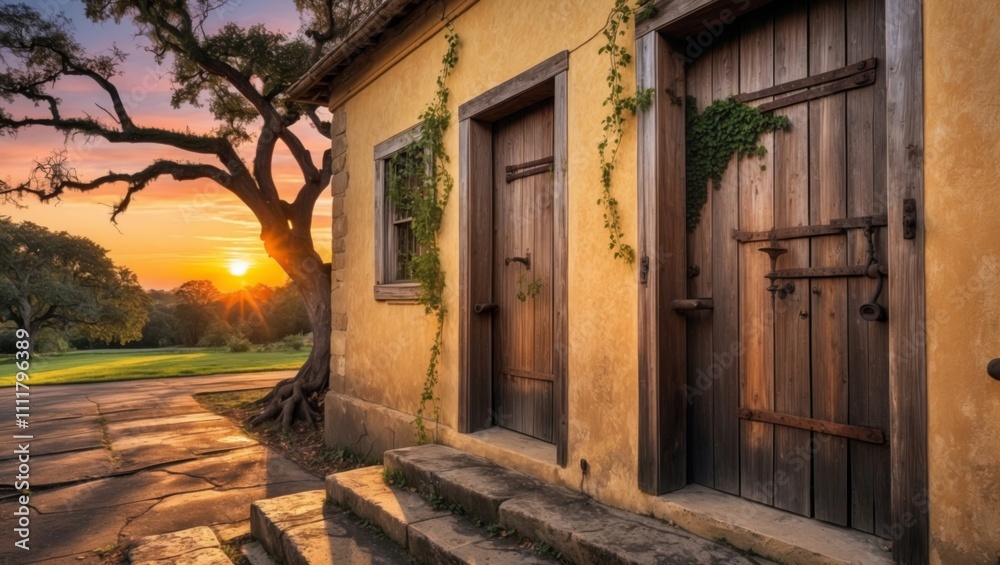 Twilight at rustic buildings with wooden doors and surrounding nature
