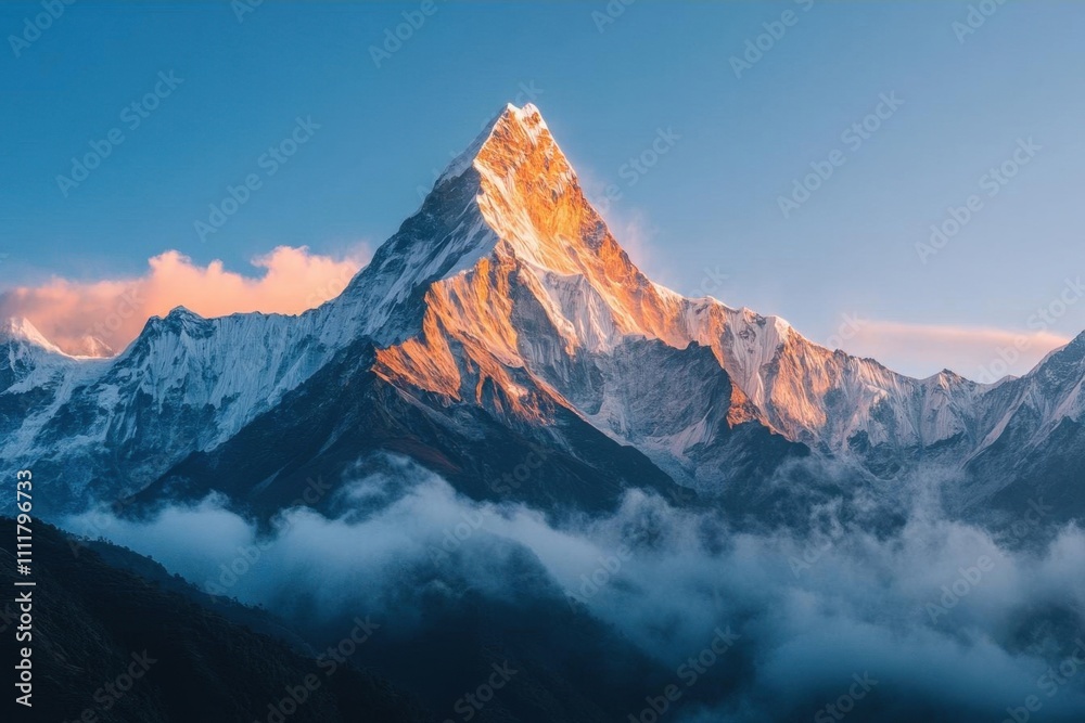 Majestic mountain peak illuminated by sunlight amidst clouds. Majestic mountain peak illuminated by sunlight amidst clouds.
