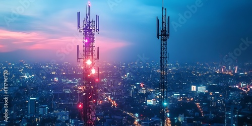 5g base station receiver on a telecommunication tower with network connections, , Generative Ai