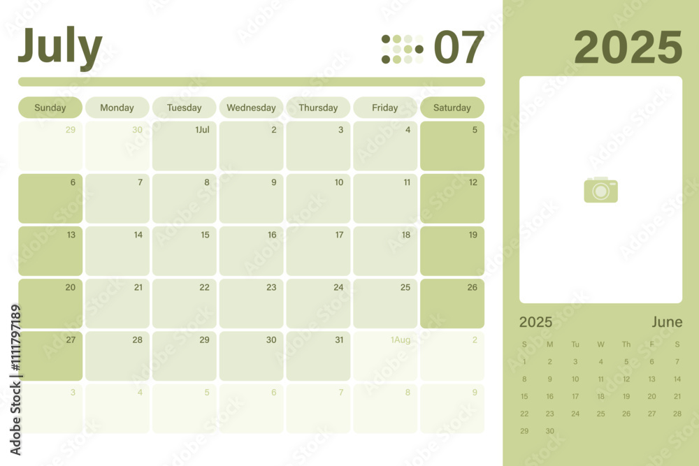 Fotografie July 2025 calendar desk planner light green color modern design with space for y