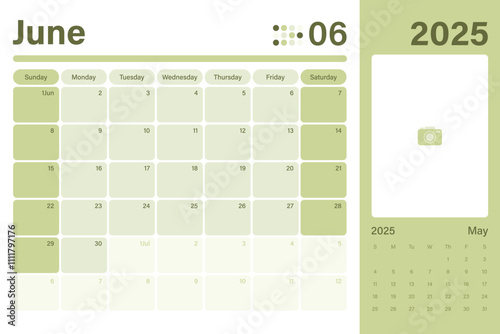 June 2025 calendar desk planner light green color modern design with space for your picture, weeks start on Sunday, vector illustration