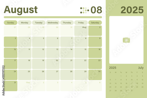 August 2025 calendar desk planner light green color modern design with space for your picture, weeks start on Sunday, vector illustration