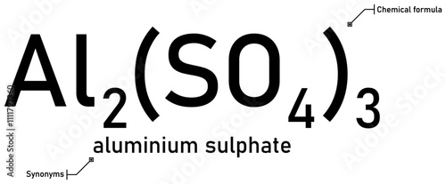 Aluminium sulphate chemical formula and synonyms with callout titles photo