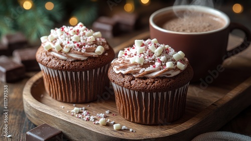 A chocolate peppermint swirl muffin with a marble effect, topped with white chocolate curls and a sprinkle of crushed peppermint, placed next to a steaming cup of hot cocoa on a wooden tray