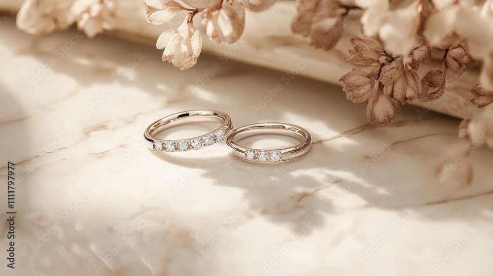 Two elegant wedding bands on a light marble surface with warm reflections and delicate floral accents. Two elegant wedding bands on a light marble surface with warm reflections and delicate floral accents.