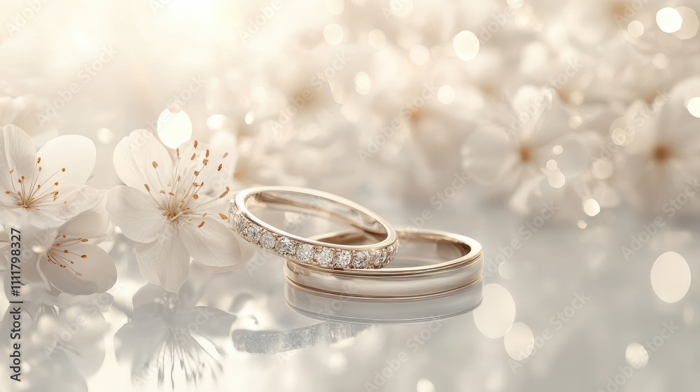 Two wedding bands on a light background with soft bokeh and delicate floral accents. Two wedding bands on a light background with soft bokeh and delicate floral accents.