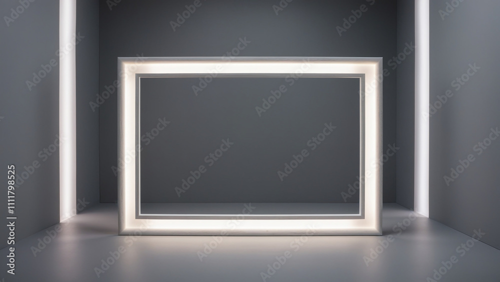 White empty frame in grey solid color studio scene white lights White empty frame in grey solid color studio scene white lights
