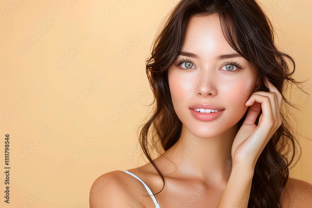 Beautiful woman poses for a beauty presentation on a light yellow background Beautiful woman poses for a beauty presentation on a light yellow background