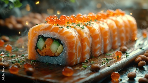 A close-up of an ehomaki sushi roll being cut, revealing its vibrant fillings of vegetables and seafood, placed on a traditional Japanese plate with roasted beans and lucky charms photo