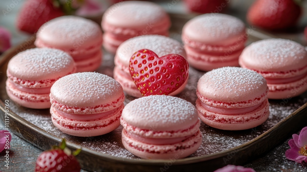 A close-up of artisanal strawberry macarons arranged in a heart pattern on a vintage tray, with soft powdered sugar dusting and delicate floral accents A close-up of artisanal strawberry macarons arranged in a heart pattern on a vintage tray, with soft powdered sugar dusting and delicate floral accents