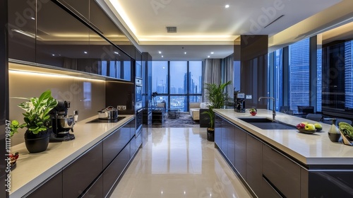 Modern kitchen with sleek design and city view  featuring plants and appliances.