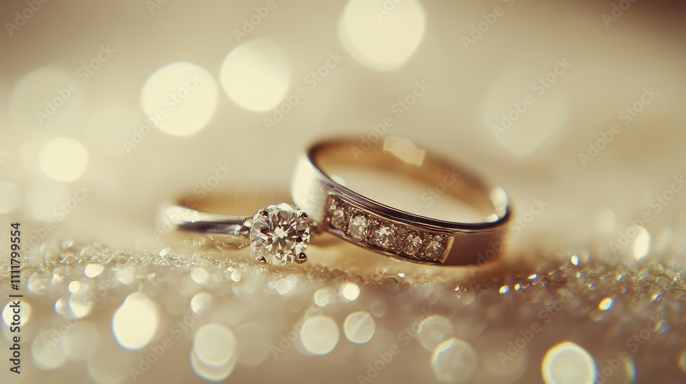 Wedding rings resting on a light cream-colored background with subtle bokeh for a romantic atmosphere. Wedding rings resting on a light cream-colored background with subtle bokeh for a romantic atmosphere.