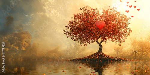 Surreal scene with tree emitting red hearts floating above water on misty background