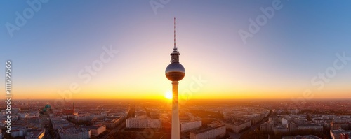 A stunning view of the Berlin TV Tower against a vibrant sunset, showcasing the beauty of the city skyline.