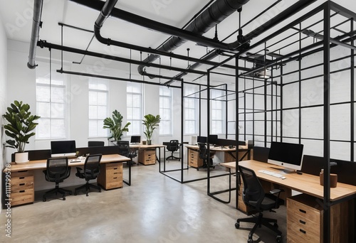 Corner of modern open space office in industrial style with white walls, concrete floor, rows of white computer tables with chairs and columns. 3d rendering