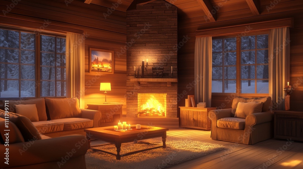 Fototapeta premium Cozy living room with a fireplace, warm lighting, and snowy scenery outside.