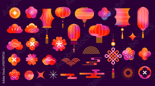 Chinese, Asian abstract colorful elements, flowers, lucky coins, Chinese lanterns, background for Chinese New Year, Mid-Autumn Festival and other Chinese holidays. Vector design and illustration