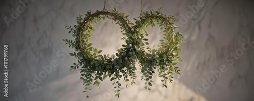 Hanging soft light arrangement from a branchy eucalyptus wreath , soft lights, greenery