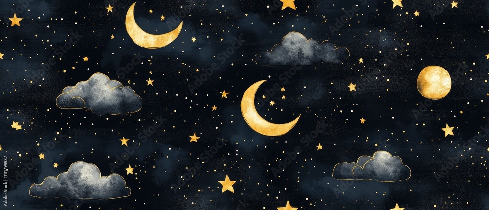 A whimsical night sky with clouds, stars, and moons in a dreamy design. A whimsical night sky with clouds, stars, and moons in a dreamy design.