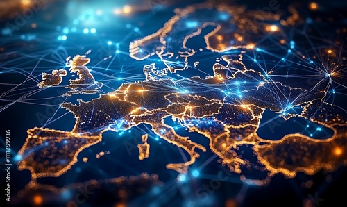 Digital map of Europe illuminated with glowing blue and orange lights connected by lines, symbolizing technology, communication, and global networking. The futuristic design conveys the concept.