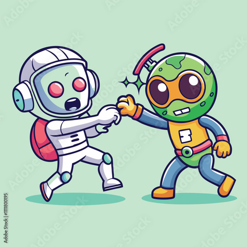 Cute Alien and Astronaut fighting vector illustration