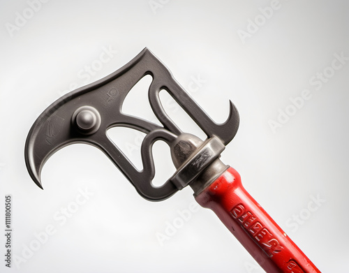 Closeup view of a firefighter's halligan tool with a steel construction and sharp prongs on a clear white background. Generative AI photo