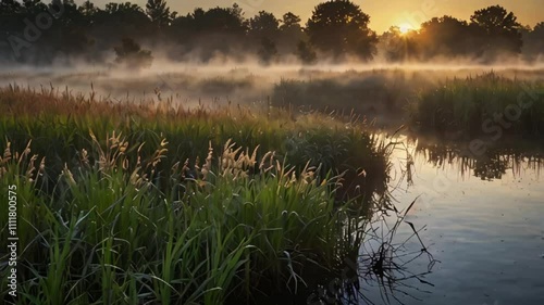 Showcasing the calm serenity of misty reeds standing tall in the morning mist, creating a peaceful and dreamlike atmosphere. photo