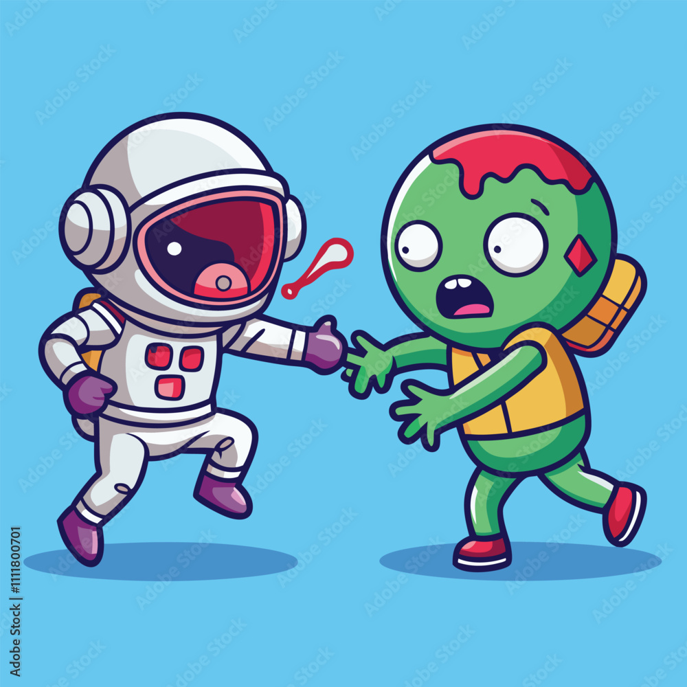 Fototapeta premium Cute Alien and Astronaut fighting vector illustration